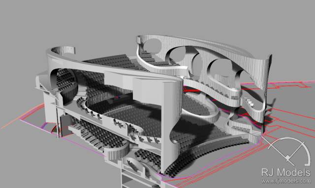 戲曲中心建筑模型的大小為1230mm X 830mm X 590mm ，歷時1個月制成。戲曲中心的外觀別樹一格，糅合了傳統與現代元素，整體屬于流線型設計，外觀如同舞臺簾幕一般。從建筑模型的設計中觀看，▲戲曲中心的結構為流線外型和內部空間， 呈現出「氣」的概念。。